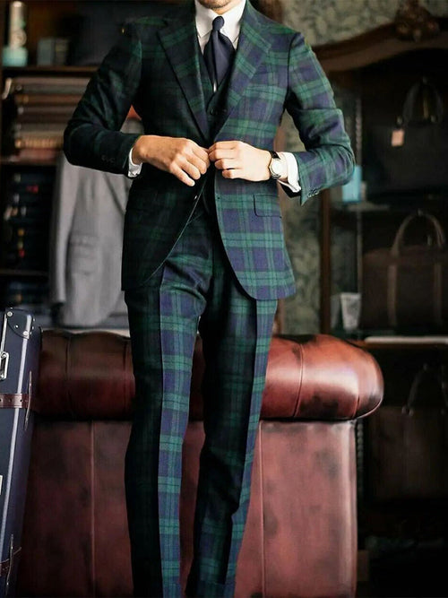 Dark Green Men's Tailored Prom Suits Fit Single Breasted Two-buttons 3 Piece Plaid Wedding Suits
