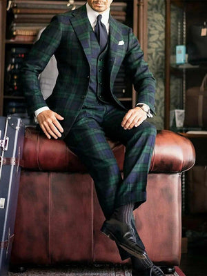 Dark Green Men's Tailored Prom Suits Fit Single Breasted Two-buttons 3 Piece Plaid Wedding Suits