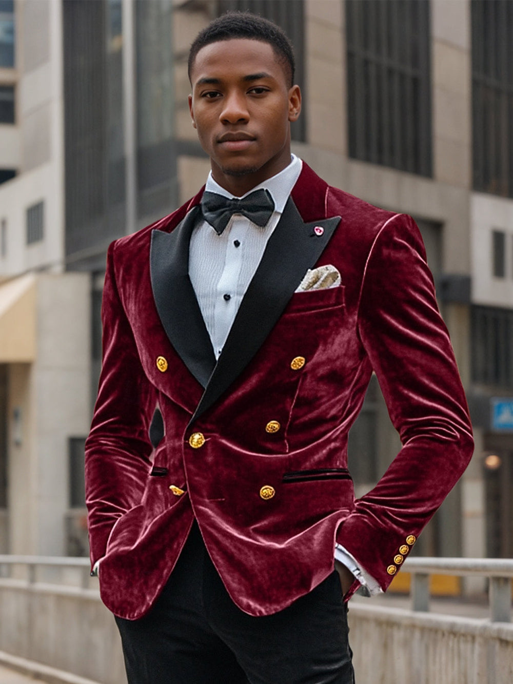 Men's Vintage Party Velvet Colored Patchwork Solid   Regular Standard Fit Double Breasted Six-buttons Blazer Jacket