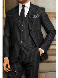 Black Men's Peak Single Breasted Two-Buttons Wedding Party Striped Suits