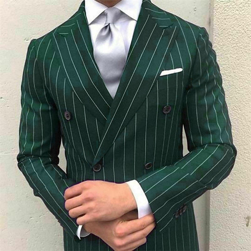 Men's Prom Pinstripe Peak Lapel Business Formal Striped Double Breasted Six-buttons Wedding Suits