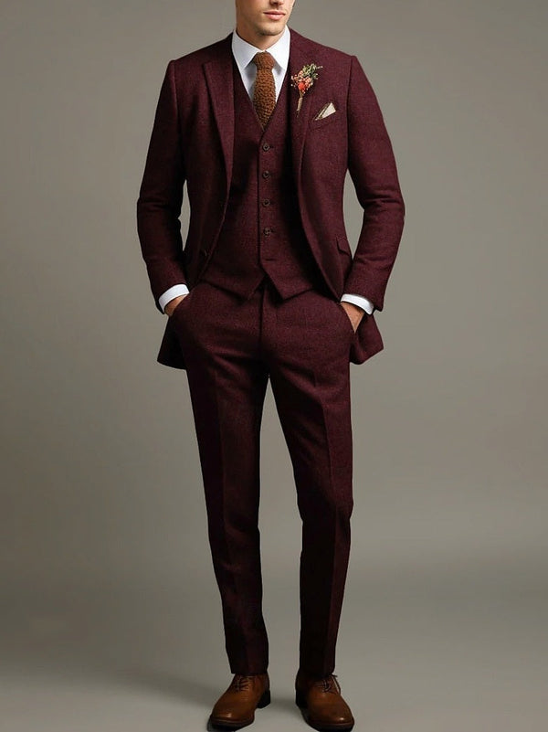 Men's Solid Colored 3 Piece Business Retro Vintage Tailored Fit Single Breasted Two-buttons Tweed Wedding Party Suits