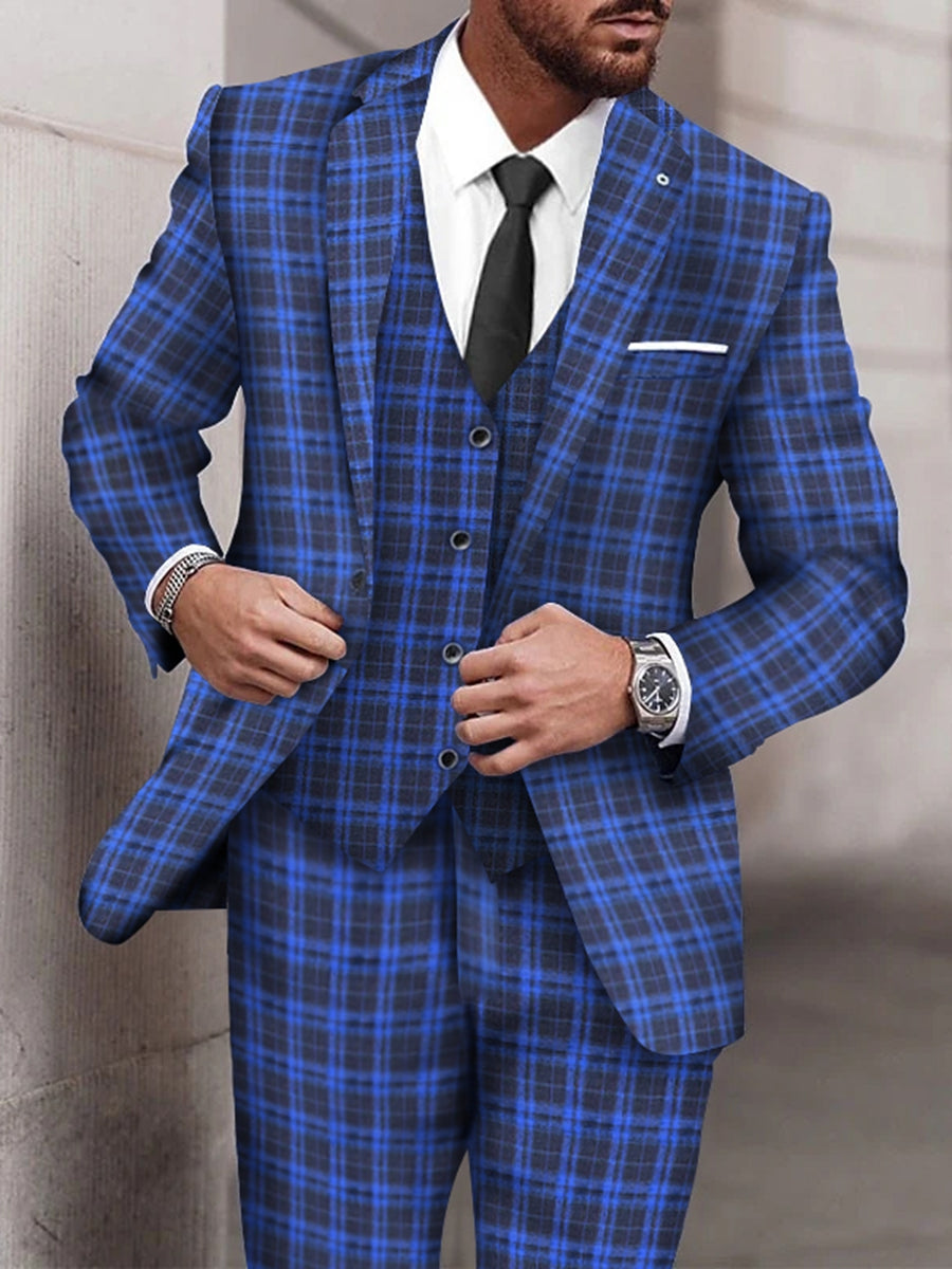 Royal Blue Men's Plaid Checkered Tailored Fit Single Breasted  3 Piece Wedding Homecoming Suits