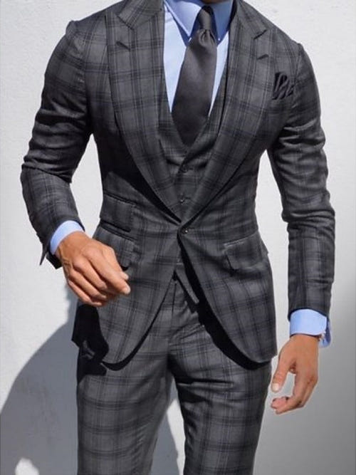 Dark Gray Men's Wedding Plaid Checkered Tailored Fit Single Breasted Suits 3 Piece