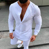 Men's Round Neck Long Sleeves Slim Fit Solid Color Shirt