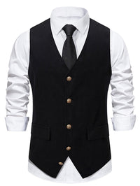 Black Men's Retro V-Neck Solid Single Breasted Buttons Casual Daily Vest with Pocket & Belt