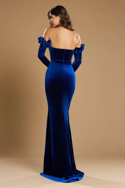 Sheath/Column Strapless Sleeveless Evening Dresses with Ruffles,Rhinestone & High Split