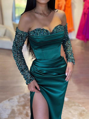 Sheath/Column Sweetheart &Off-the-Shoulder Floor-length Evening Dresses With Split Side & Sequins
