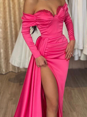 Sheath/Column Sweetheart Floor-length Long Dresses With Split Side & Beading