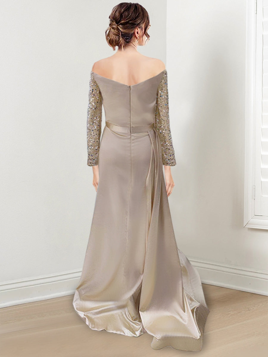 Sheath/Column Off-the-Shoulder Floor-length Long Prom Dresses With Split Side & Sequins