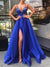 A-Line/Princess V-Neck Spaghetti Straps Long Evening Dresses With Split Side & Sequins