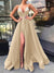 A-Line/Princess V-Neck Spaghetti Straps Long Evening Dresses With Split Side & Sequins
