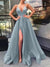A-Line/Princess V-Neck Spaghetti Straps Long Evening Dresses With Split Side & Sequins