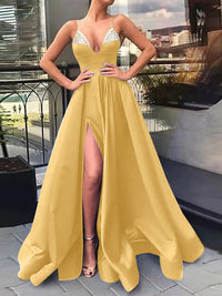 A-Line/Princess V-Neck Spaghetti Straps Long Evening Dresses With Split Side & Sequins