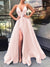 A-Line/Princess V-Neck Spaghetti Straps Long Evening Dresses With Split Side & Sequins