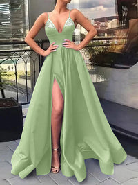 A-Line/Princess V-Neck Spaghetti Straps Long Evening Dresses With Split Side & Sequins