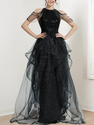 A-Line/Princess Prom Dresses Halter Tulle Floor-length Long Prom Dresses With Beading & Sequins