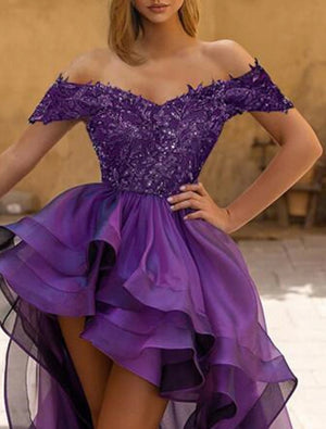 Off-the-Shoulder Evening Asymmetrical Long Prom Ball Gown With Sequins