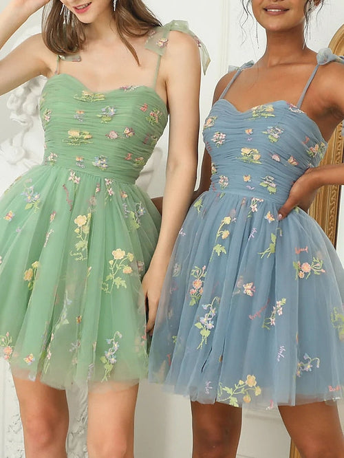 A-Line/Princess Homecoming Dress Spaghetti Straps Mini Short After Prom Dresses Floral Tulle