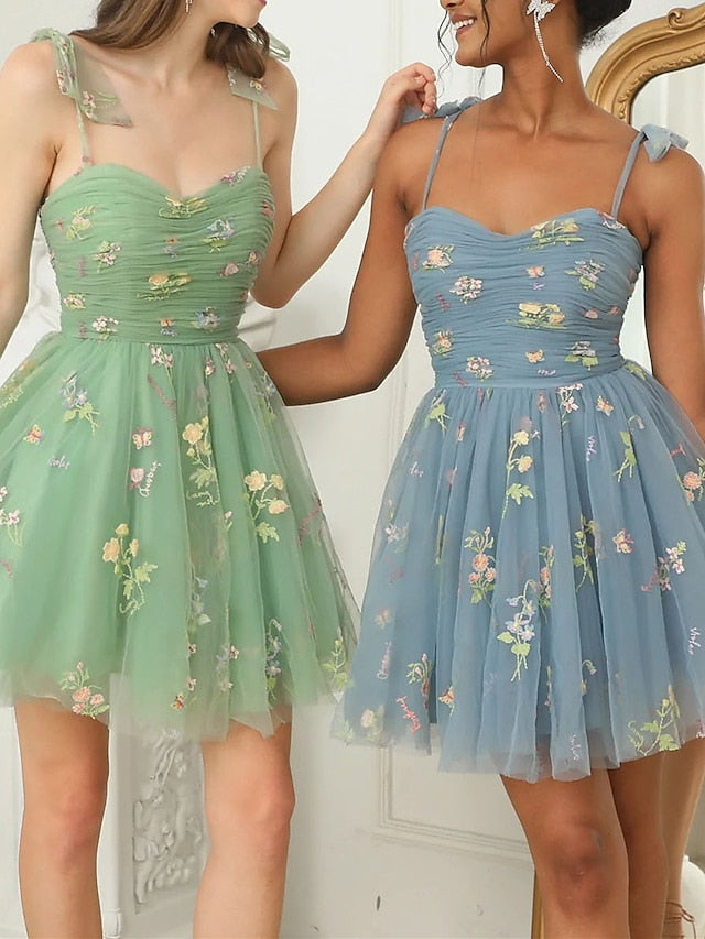 A-Line/Princess Homecoming Dress Spaghetti Straps Mini Short After Prom Dresses Floral Tulle