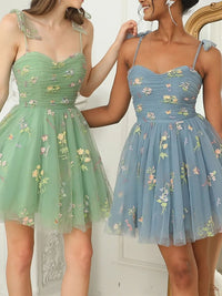 A-Line/Princess Homecoming Dress Spaghetti Straps Mini Short After Prom Dresses Floral Tulle