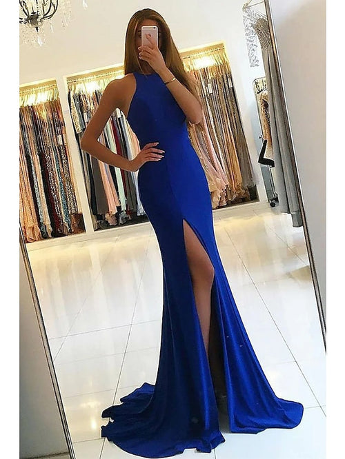 Trumpet/Mermaid Simple Prom Dresses Cut Out High Neck Floor-Length Formal Evening Dresses