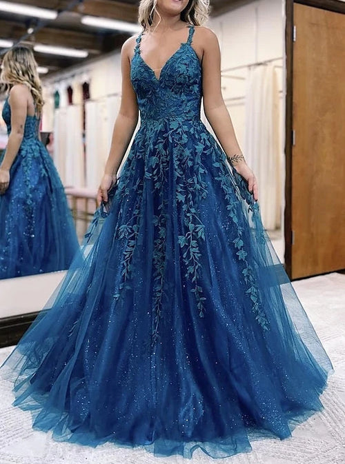 A-Line/Princess Embroidery Prom Dresses Spaghetti Straps Floor-length Long Sparkle Dresses