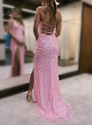 Sheath/Column Prom Dresses Sequins Spaghetti Straps V-Neck Floor-length Sleeveless