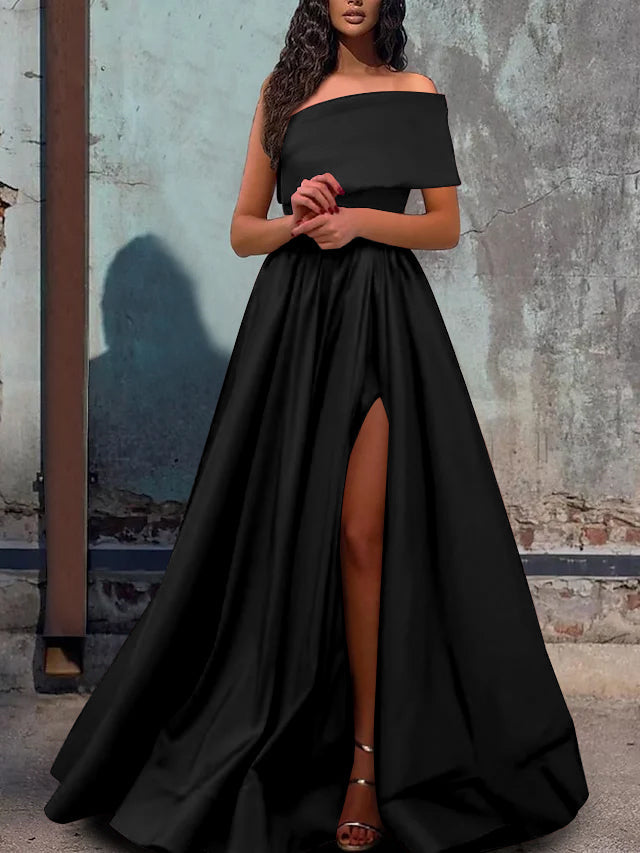 a line princess one shoulder dress Nafori Black A-Line/Princess One-Shoulder Floor-length Evening Dresses 2026