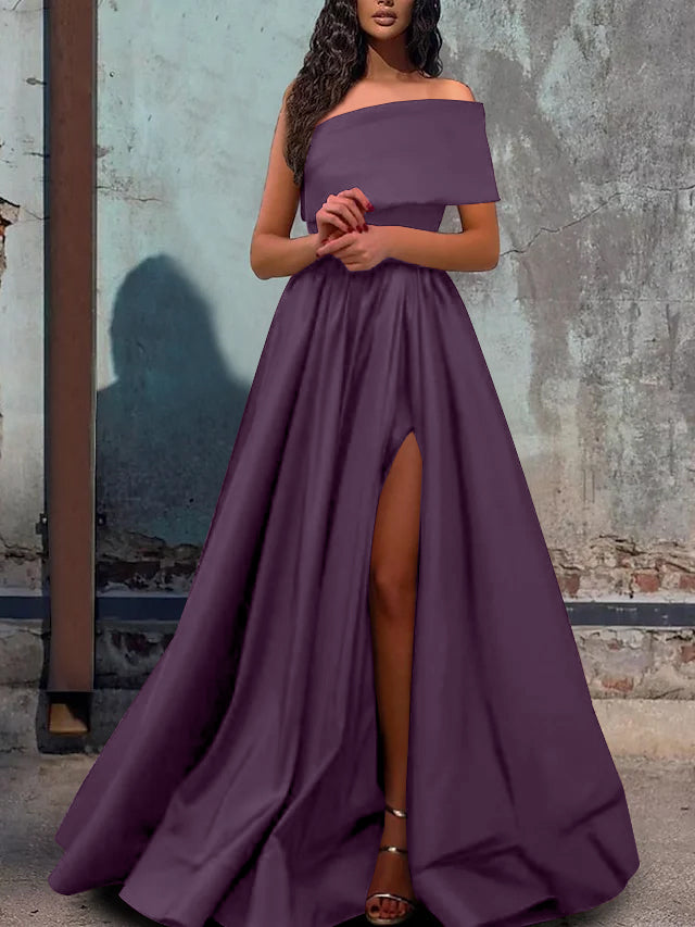 a line princess one shoulder dress Dusty Rose Formal Evening Maxi Dresses 2026 for Women A-Line Off Shoulder Sleeveless Floor-Length Wedding Guest Gow