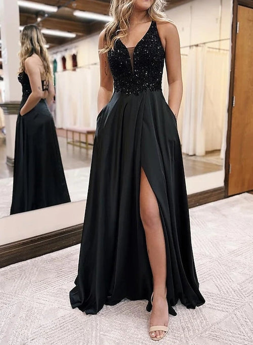 A-Line/Princess Black Prom Dress V-Neck Floor-Length Formal Dresses Sequins with Back Hole