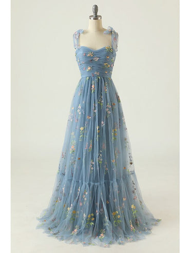 A-Line/Princess Spaghetti Straps Floor-length Long Prom Floral Dresses