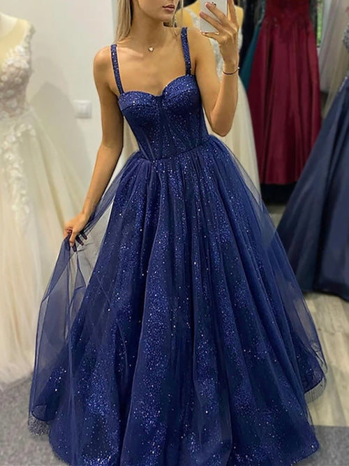 A-Line/Princess Long Prom Dresses Tulle Spaghetti Straps Sleeveless Floor-length With Sequins