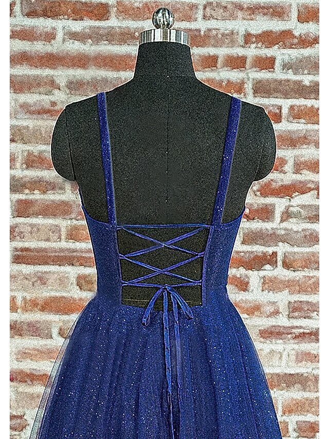 A-Line/Princess Long Prom Dresses Tulle Spaghetti Straps Sleeveless Floor-length With Sequins