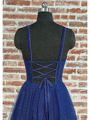 A-Line/Princess Long Prom Dresses Tulle Spaghetti Straps Sleeveless Floor-length With Sequins