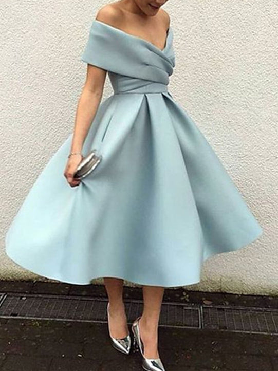 A-Line Cocktail Dress Wedding Guest Off The Shoulder Tea-Length Party Dresses Princess Ruched