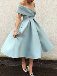 A-Line Cocktail Dress Wedding Guest Off The Shoulder Tea-Length Party Dresses Princess Ruched