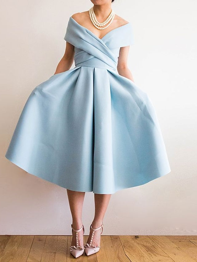 A-Line Cocktail Dress Wedding Guest Off The Shoulder Tea-Length Party Dresses Princess Ruched