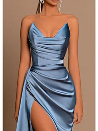 Sheath/Column Strapless Floor-length Evening Dresses Ruched Satin Formal Dress
