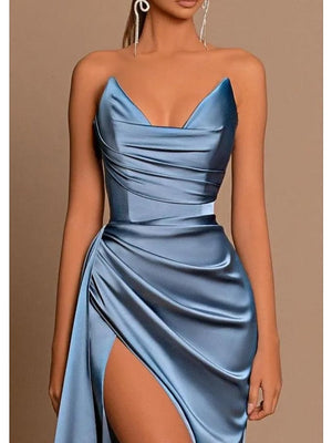 Sheath/Column Strapless Floor-length Evening Dresses Ruched Satin Formal Dress