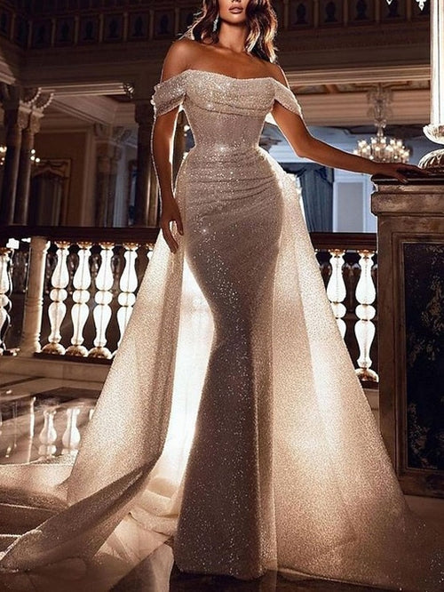 Trumpet/Mermaid Wedding Dress Sparkle Formal Gown With Overskirt Off-the-Shoulder Floor-length Evening