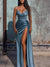 Sheath/Column Silk Satin Spaghetti Straps Sleeveless Floor-length Prom Dresses With High Split Side&Pleats