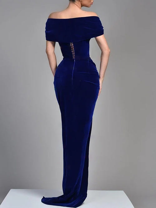 Black Evening Dress Mermaid Velvet Formal Dress Corset Off-the-Shoulder Floor-length Prom Dresses Christmas High Split