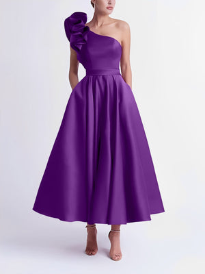 A-Line/Princess Cocktail Dress One-Shoulder Tea-Length Formal Wedding Guest Dresses