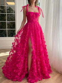 A-Line/Princess Spaghetti Straps Long Prom Floral Dresses With Split Side