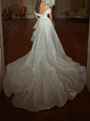 Sheath/Column Off-the-Shoulder Wedding Dress Sparkle Formal Gowns Sweep Brush Train