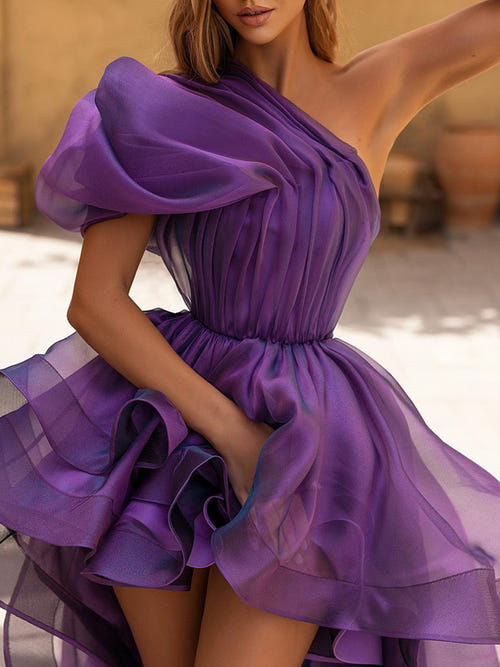 A-Line/Princess Prom Dresses One-Shoulder Asymmetrical High Low Tiered Formal Dresses