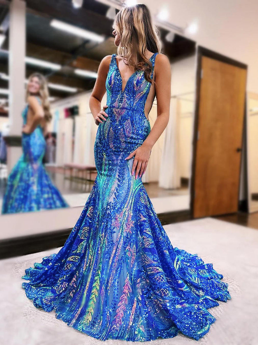 Trumpet/Mermaid V-Neck Sleeveless Floor-length Long Prom Floral Dresses with Sequins