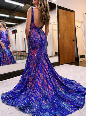 Purple Trumpet/Mermaid V-Neck Sleeveless Floor-length Long Prom Dresses with Sequins