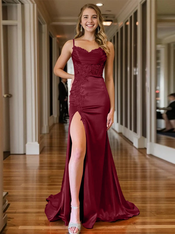 Red Prom Dresses Appliques 2026 Sheath/Column Spaghetti Straps Sleeveless Floor-Length Formal Evening Gowns with High Split